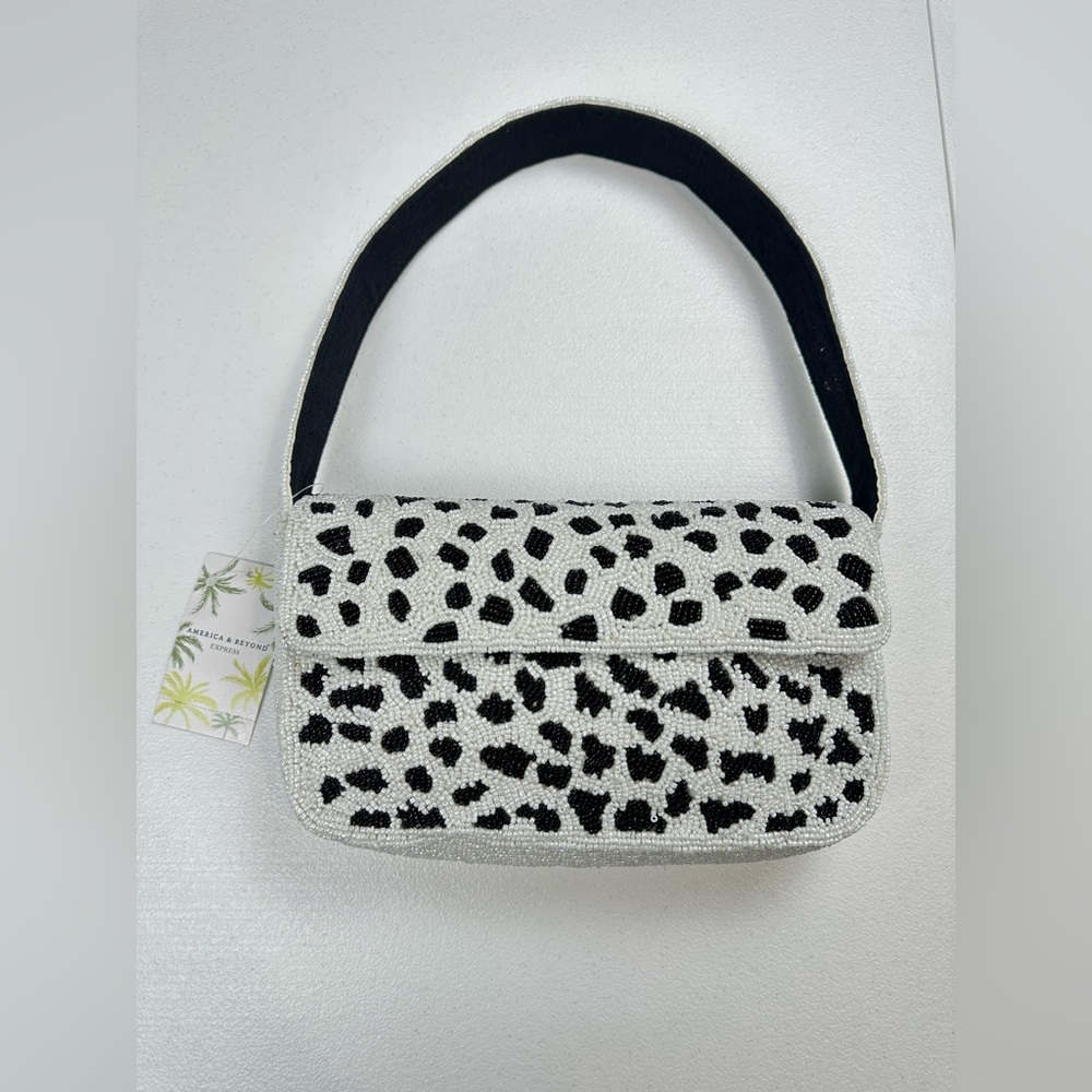America & Beyond Beaded Snow Leopard Dalmatian‎ Cow Print Shoulder Bag NWT